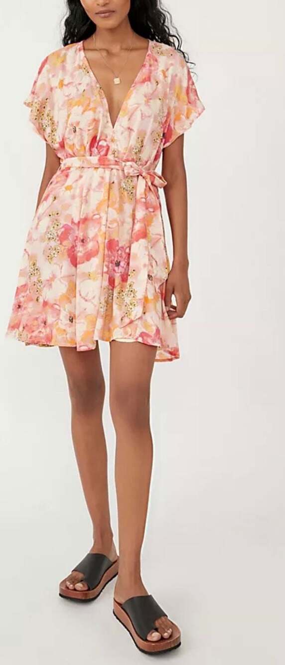 Free People Freddy Floral V-Neck Tie Waist Mini Dress
